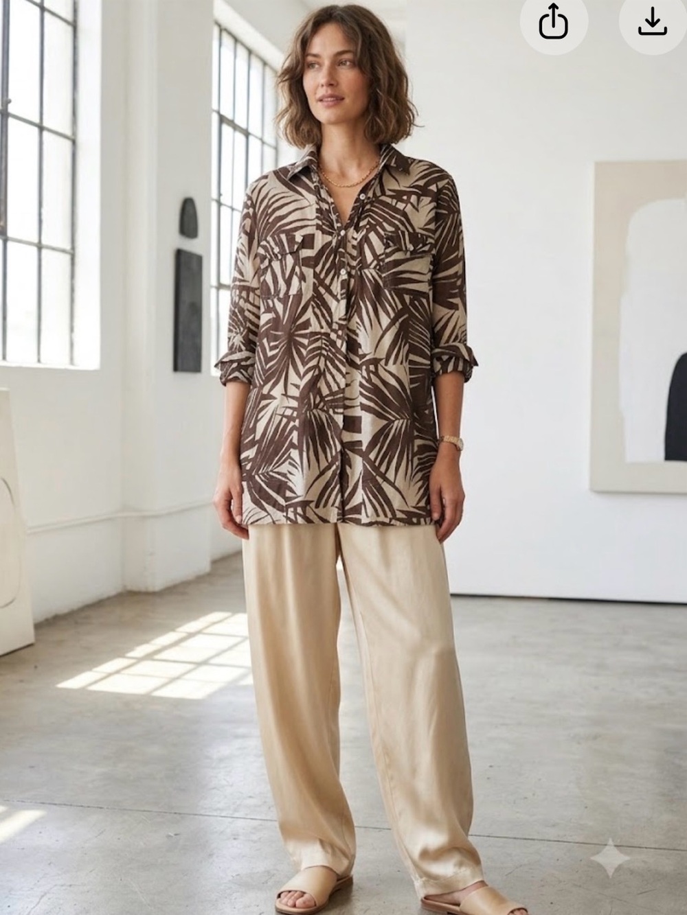 Max Mara Weekend Palm Print Cotton Tunic Top Sheer Brown Cream Flap Pocket Sz 4
